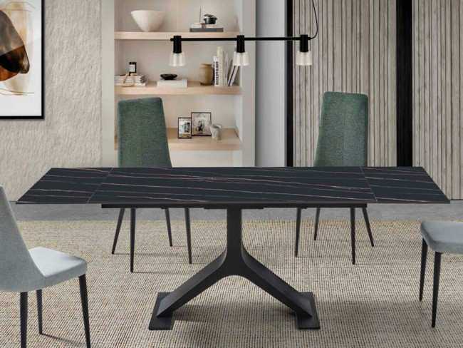 Mesa de comedor con   pata central triangular y  tapa de porcelanico de 11mm con refuerzo dde fibra  rectangular y  extensible 