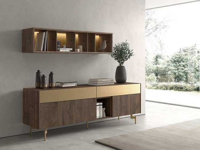 mueble aparador con cajones frontal oro metalizado y puertas batientes con hueco Modelo MUEBLE-SALON-NEW-ROYAL-71 - creado para optimizar el espacio en salones de diseño