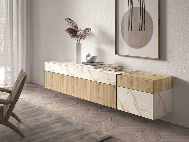 mueble aparador combinado cajones y contenedores alternos con apoyo en pata Modelo MUEBLE-SALON-NEW-ROYAL-63 - diseñado para quienes buscan mantener su salón limpio y despejado