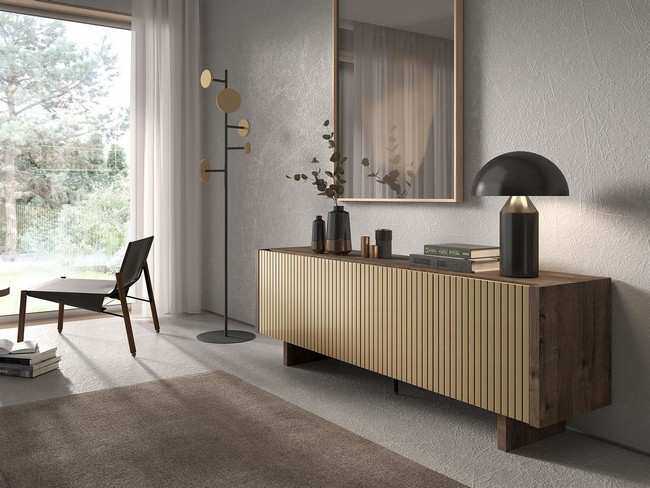 mueble aparador de puertas batientes y frontales alistonados sobre patas de madera Modelo MUEBLE-SALON-NEW-ROYAL-70 - una opción que combina confort, estilo y funcionalidad