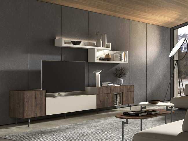 mueble de comedor bajo tv con corona sobre patas metalicas y Modelo MUEBLE-SALON-NEW-ROYAL-17 - diseñado para aprovechar cada centímetro con elegancia