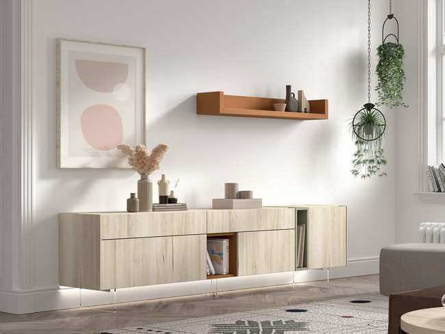 mueble de comedor minimalista con patas de metacrilato y estante pared Modelo MUEBLE-SALON-NEW-ROYAL-09 - diseñado para integrarse con otros elementos de decoración moderna