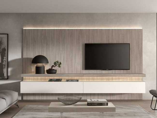 mueble de comedor panelado a pared con modulos suspendidos y sobre Modelo MUEBLE-SALON-NEW-ROYAL-37 - ideal para crear un ambiente moderno y organizado