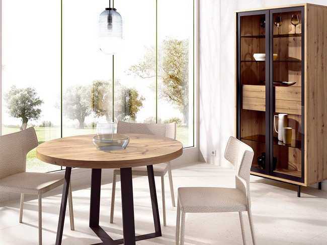 Mueble de salón bien aprovechado con mesa redonda fija 90 5 pata metal Modelo MUEBLE-SALON-MODERNO-DUO-15 - una solución para aprovechar el espacio con estilo