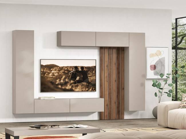 Mueble de salón compacto y moderno con módulo alto con puerta abatible para tv, dos módulos altos con 1 Modelo AUSTRAL-27 - en  Valencia, pensado para quienes desean un mueble funcional y decorativo 