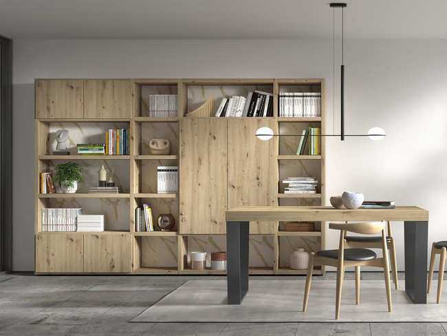 mueble libreria modular con trasera alternando estanterias anchas con puertas y hueco Modelo MUEBLE-SALON-NEW-ROYAL-100 - pensado para quienes buscan maximizar el confort en el salón