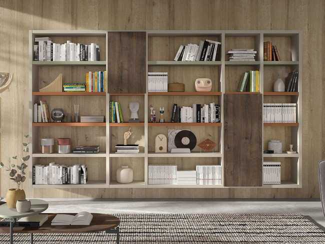 mueble libreria modular sin trasera colgada al aire alternando estanterias anchas Modelo MUEBLE-SALON-NEW-ROYAL-101 - para hacer el salón más cómodo y estilizado