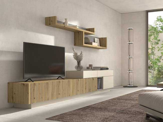 mueble de salon con modulo tv escalonado sobre zocalo liso y estanterias Modelo MUEBLE-SALON-NEW-ROYAL-05 - para liberar espacio y mantener el estilo moderno