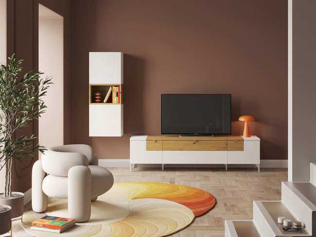 salon 250 cm con mueble bajo tv acabado mate y patas Modelo TEMPO-914 - para hacer más fácil y estético el almacenamiento