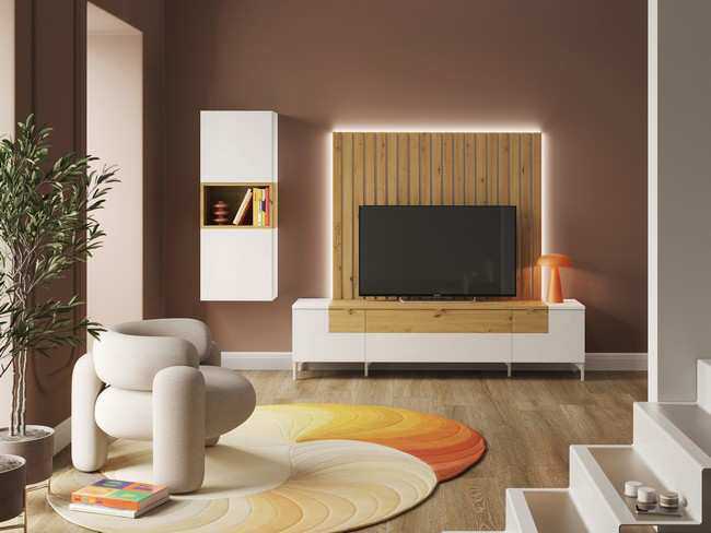 salon comedor 250 cm con mueble bajo tv mate con Modelo TEMPO-913 - perfecto para ahorrar espacio sin perder el toque de diseño