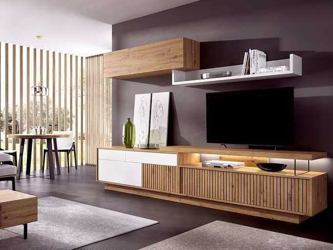 Salón con diseño elegante y práctico con bajo puerta abatible 150 apertura pulsador - bajo cajon con Modelo MUEBLE-SALON-MODERNO-DUO-01 - una solución útil y estética en salones de diseño