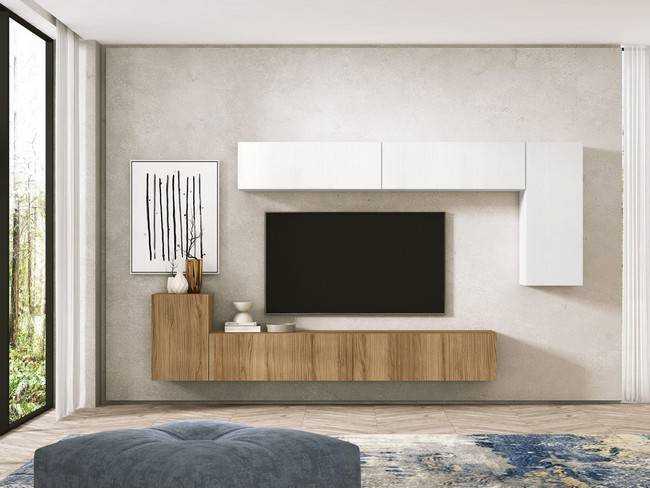 Salón con estilo contemporáneo y funcional con módulo alto con puerta abatible para tv, un módulo alto con 1 Modelo AUSTRAL-15 - pensado para salones que requieren un enfoque contemporáneo