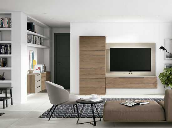 Salón de alta calidad y diseño moderno con mesa plegable absolute con estantes 82 - bajo puerta Modelo CUBIKA-233 - combina diseño y funcionalidad para guardar en el salón