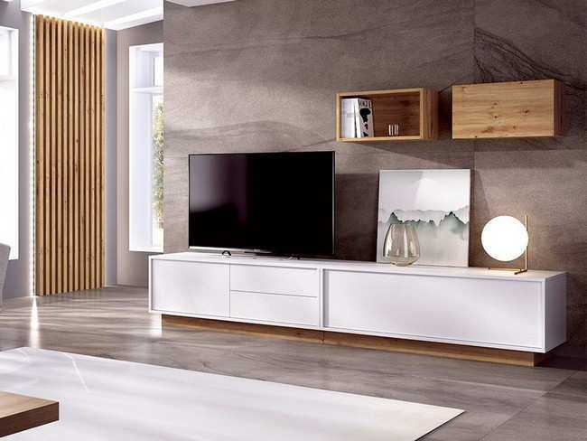 Salón de diseño contemporáneo con bajo puerta abatible 150 apertura pulsador - bajo cajon mas Modelo MUEBLE-SALON-MODERNO-DUO-76 - pensado para quienes desean un mueble que facilite la organización