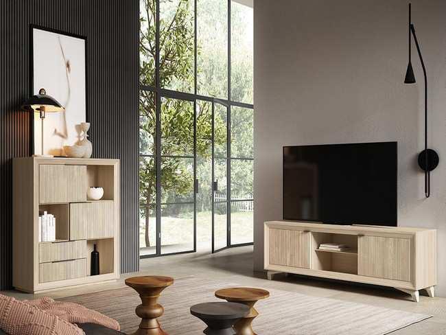 CONEXION-21 Mueble moderno para salon con modulo bajo puertas mas huecos - singular puertas huecos y cajones - color roble zebra mas colores... en roble | zebra