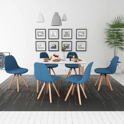 Conjunto de mesa de comedor y sillas 7 uds blanco y azul
