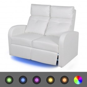 Sofá reclinable LED 2 plazas de cuero artificial blanco