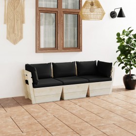 Sofá de palets de jardín 3 plazas con cojines madera de abeto