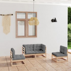 Muebles de jardín 4 piezas con cojines de madera de pino maciza