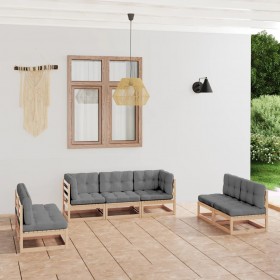 Muebles de jardín 7 piezas con cojines de madera de pino maciza