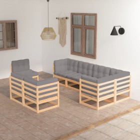 Muebles de jardín 8 piezas con cojines de madera de pino maciza