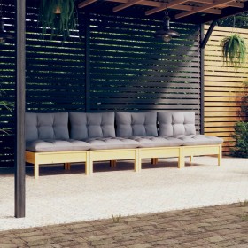 Sofá de jardín de 4 plazas con cojines madera maciza pino gris