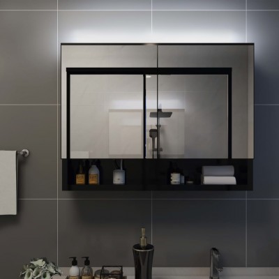 Armario de baño con espejo LED negro brillante 80x12x68 cm