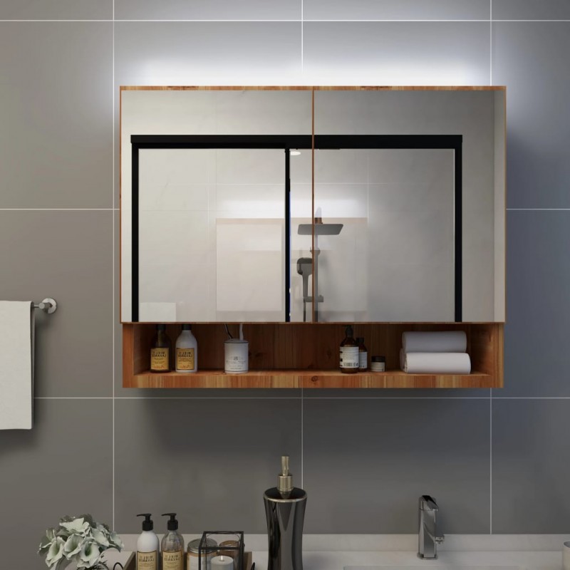 Armario de espejo de baño con LED MDF color roble 80x15x60 cm