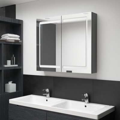 Armario de baño con espejo LED gris 80x12x68 cm