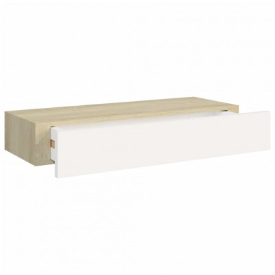 Estante con cajón de pared color roble blanco MDF 60x23,5x10cm