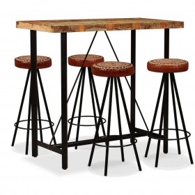 Mesa y 4 taburetes bar madera maciza reciclada cuero real lona