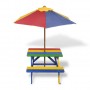 Mesa de picnic y bancos de niños y sombrilla madera multicolor
