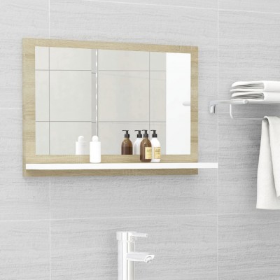 Espejo de baño aglomerado blanco y roble Sonoma 60x10,5x37 cm