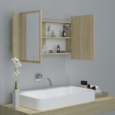 Armario de espejo de baño con LED MDF color roble 80x15x60 cm