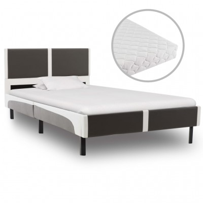 Cama con colchón cuero sintético gris y blanco 90x200 cm