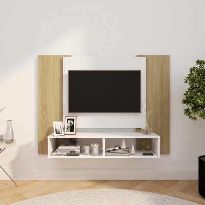 Mueble de TV de pared aglomerado blanco y roble 120x23,5x90 cm