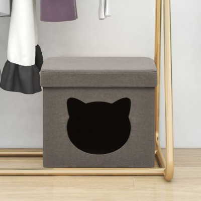 Taburete plegable con almacenaje estampado gato tela gris taupe