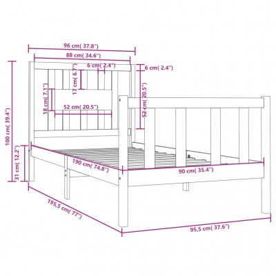 Estructura cama individual pequeña madera maciza gris 90x190 cm -  referencia Mqm-3105347