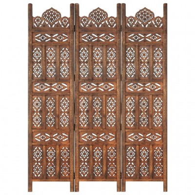 Biombo 3 paneles tallado a mano madera mango marrón 120x165 cm