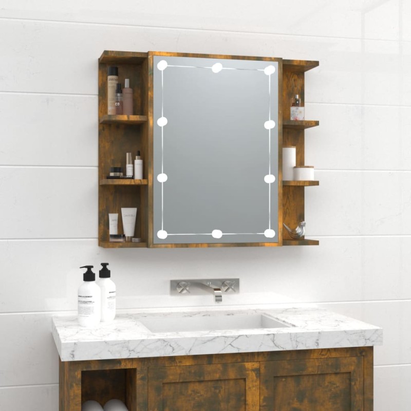 Mueble de baño de pie 80 cm roble con espejo y lavabo color - Con lámpara  Led