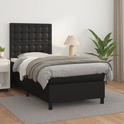 Cama box spring con colchón cuero sintético negro 80x200 cm