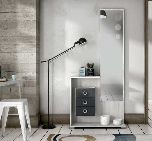 mueble recibidor compacto destaca por su diseño minimalista, ofreciendo tres cajones suspendidos que maximizan el
