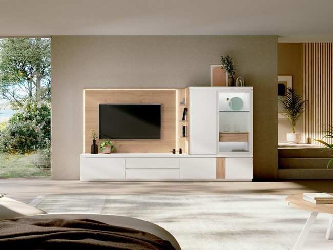 salon con mueble tv largo panelado junto vitrina apoyada de puerta cristal y madera ARKO-11