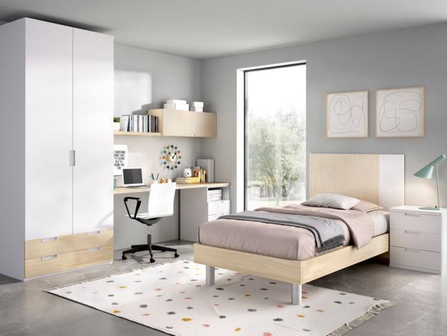 Dormitorio juvenil equipado con una cama abatible individual con escritorio  plegable..