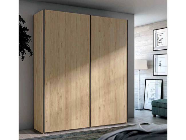 armario de 2puertas lisas correderas de 200cm colgadas en tono madera natural y perfiladas en color grafito Modelo DUE-63