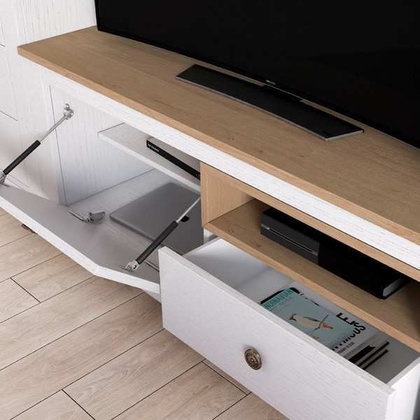  composición de salón con vitrina alta, vitrina baja, mueble tv, estante de pared y bancada isabelina en roble.. Modelo EVA-01, imagen 3