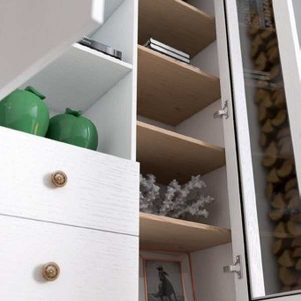  composición de salón con vitrina alta, vitrina baja, mueble tv, estante de pared y bancada isabelina en roble.. Modelo EVA-01, imagen 4