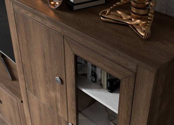 Mueble de salón con vitrina de cristal y medidas totales de 298 cm.