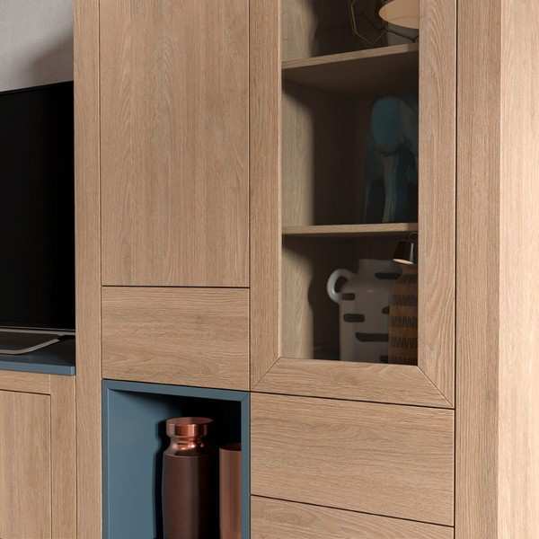  salón con vitrina alta de cristal, vitrina baja sobre bancada isabelina, mueble tv y opción de múltiples colores.. Modelo EVA-09, imagen 3