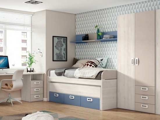 Dormitorio blanco con cajones, escritorio y armario - Liquidación